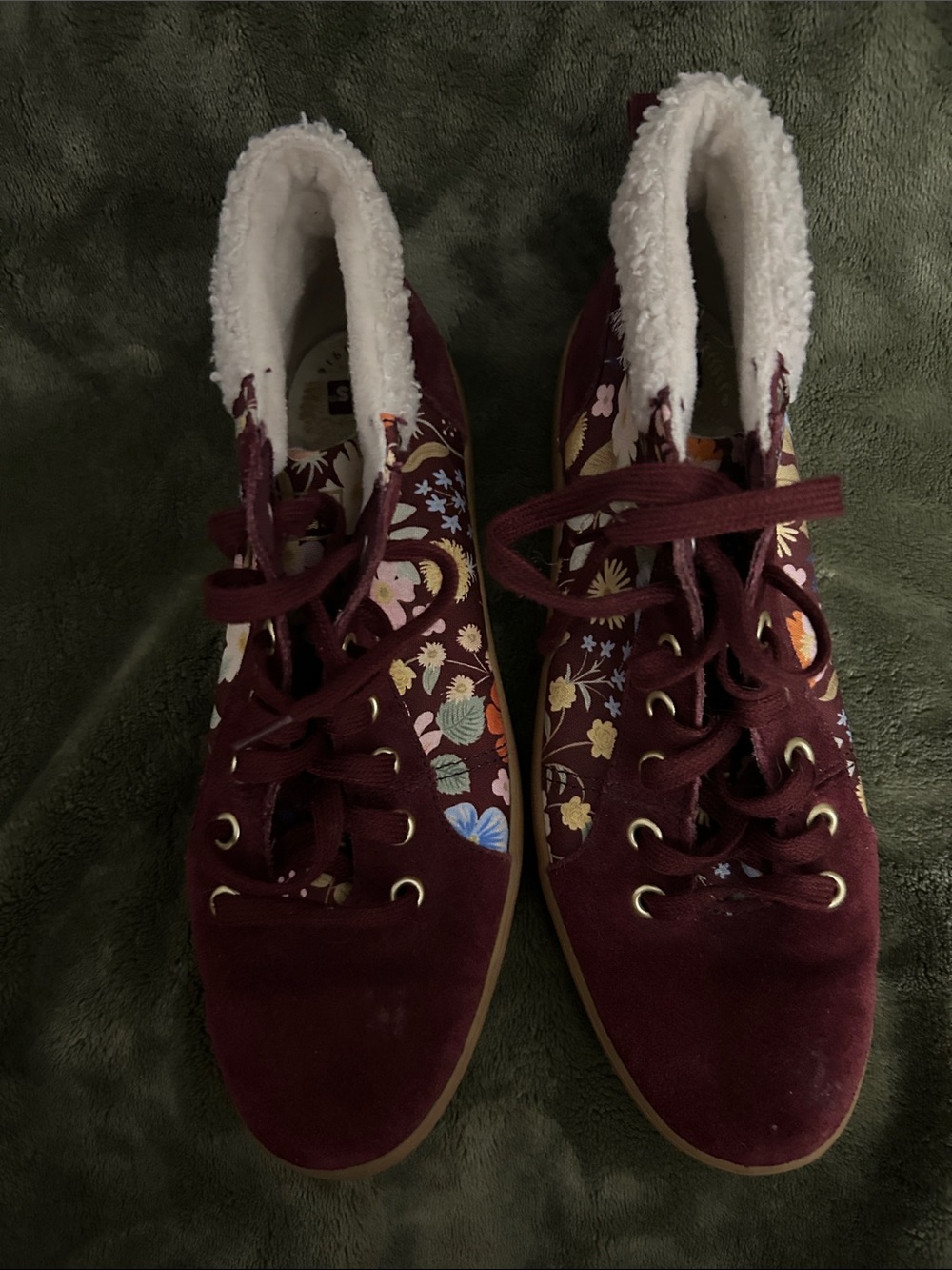 Keds Burgundy Floral Lace-Up Boots with Sherpa Collar